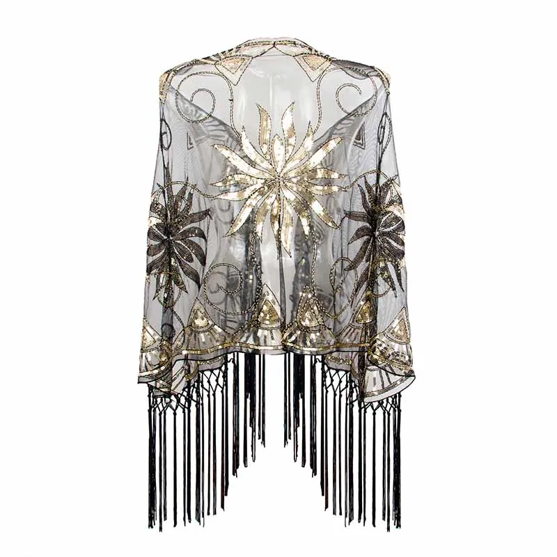 1920s Sequin Beaded Shawl Wraps Fringed Evening Cape Scarf for Wedding