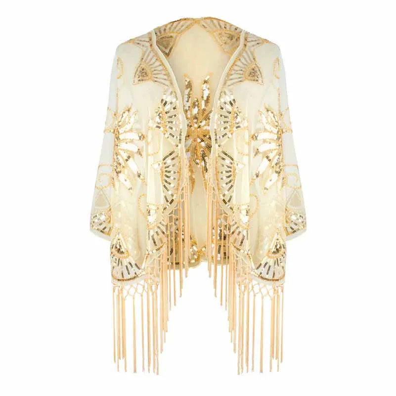1920s Sequin Beaded Shawl Wraps Fringed Evening Cape Scarf for Wedding