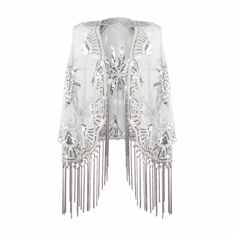 1920s Sequin Beaded Shawl Wraps Fringed Evening Cape Scarf for Wedding
