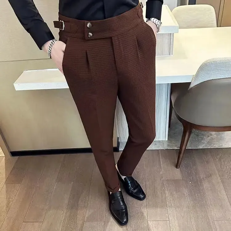Aidase Fashion Slim Fit Waffle Pencil Pants Men Naples Suit Pant High Waist Button Business Casual Trousers High Quality Korean Pants