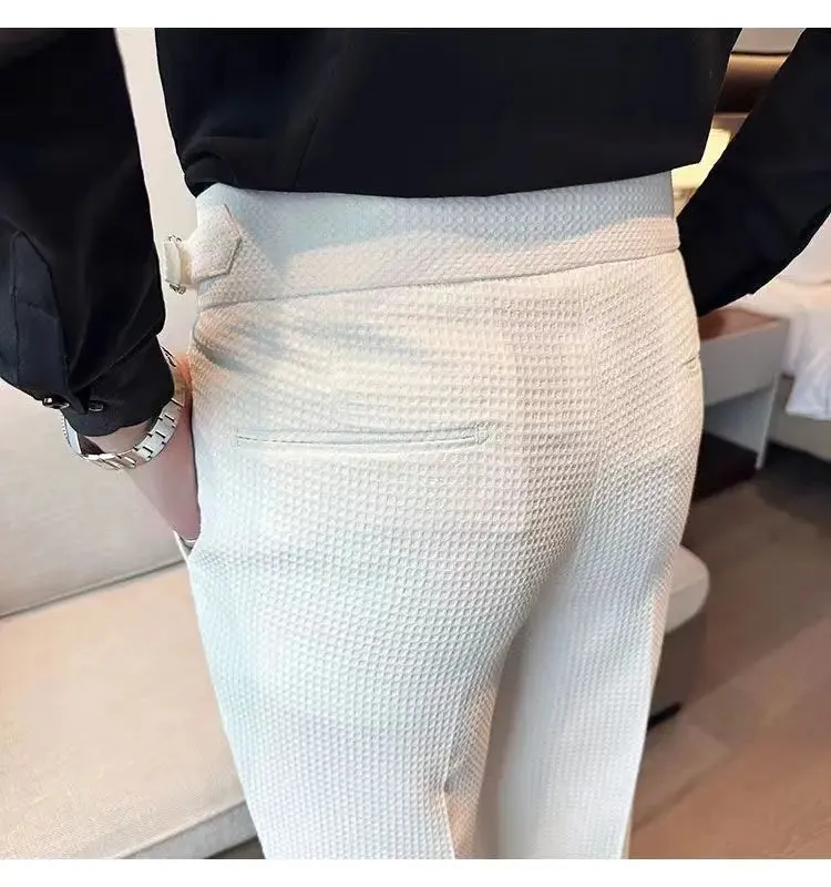 Aidase Fashion Slim Fit Waffle Pencil Pants Men Naples Suit Pant High Waist Button Business Casual Trousers High Quality Korean Pants