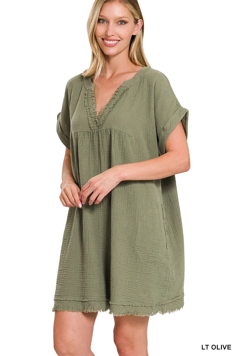 Away We Go Raw Edge Dress - LIGHT OLIVE