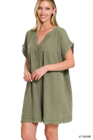 Away We Go Raw Edge Dress - LIGHT OLIVE