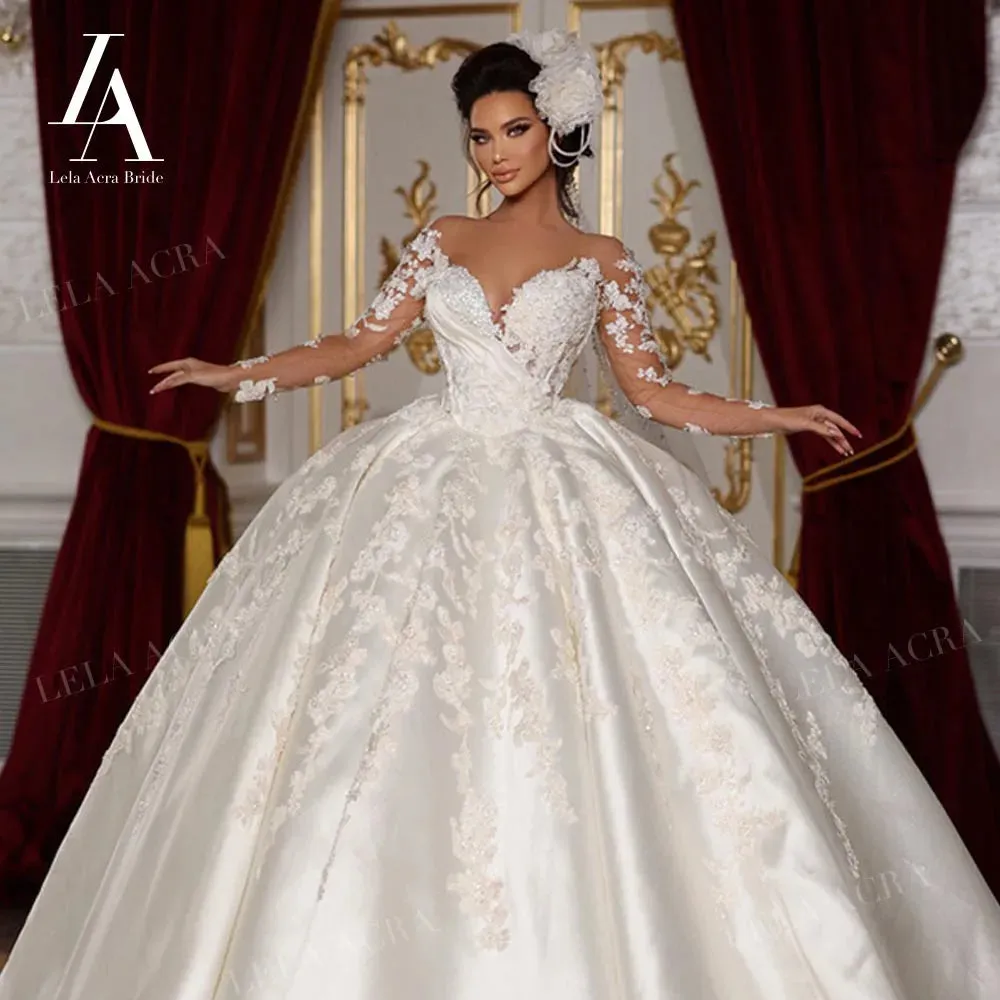 Ball Gown Wedding Dress Long Sleeve Satin Court Train