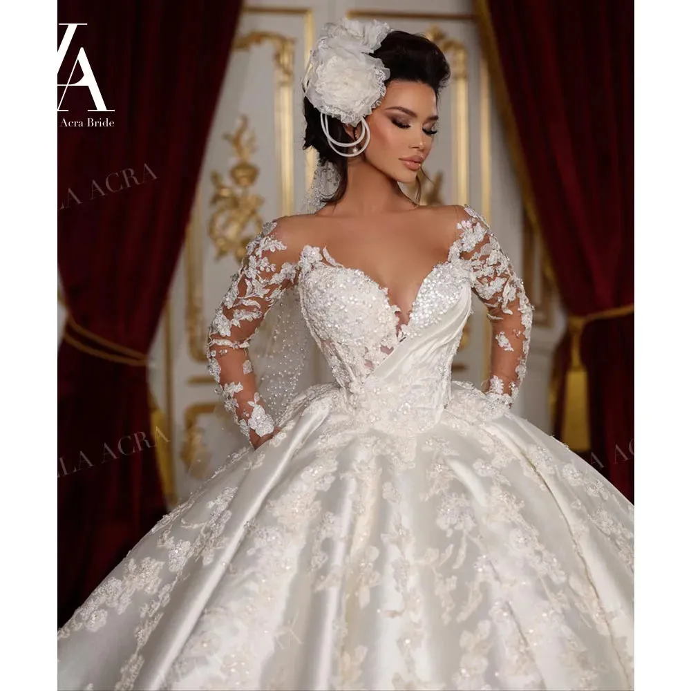 Ball Gown Wedding Dress Long Sleeve Satin Court Train