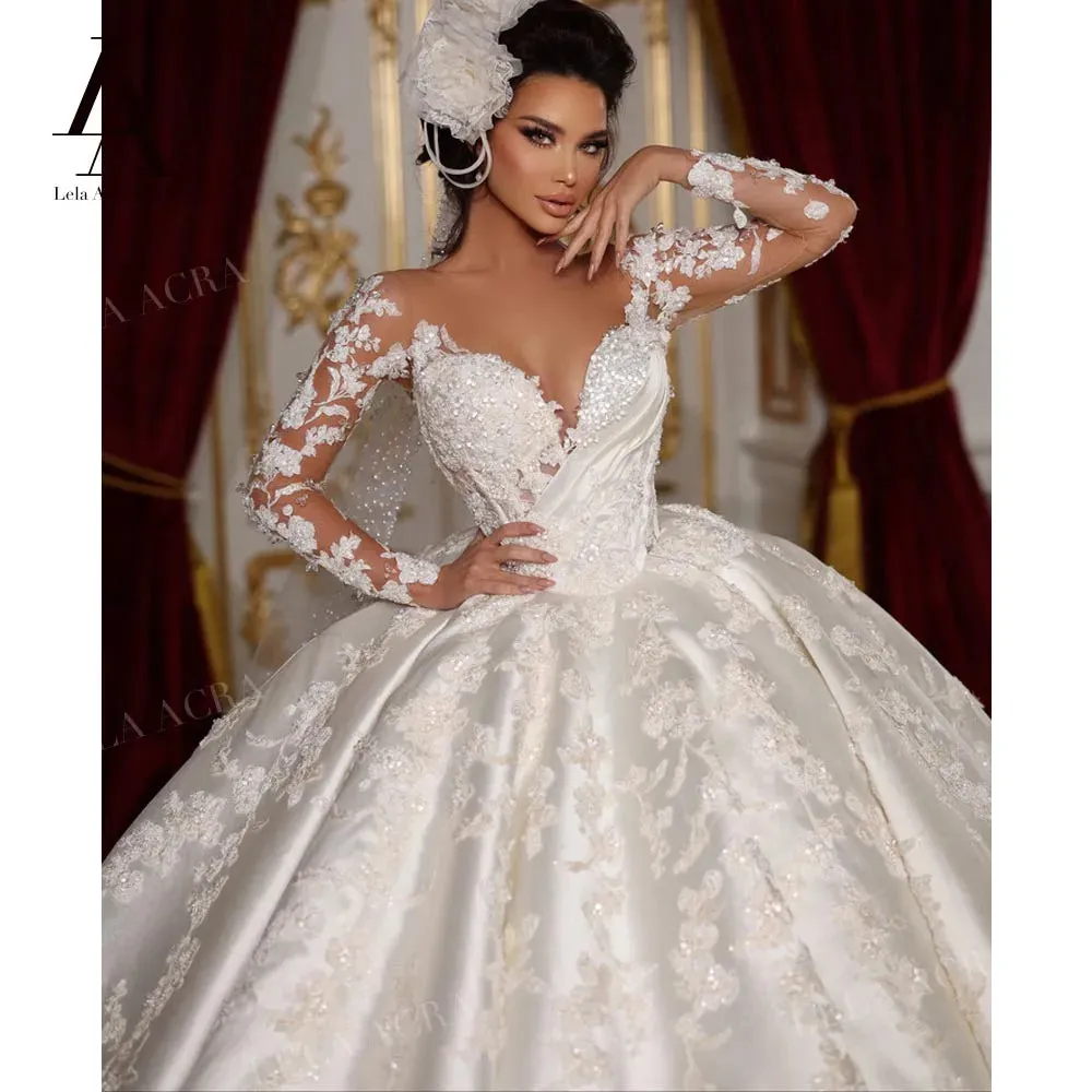 Ball Gown Wedding Dress Long Sleeve Satin Court Train