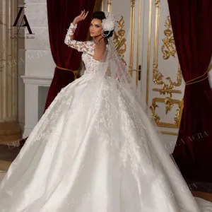 Ball Gown Wedding Dress Long Sleeve Satin Court Train