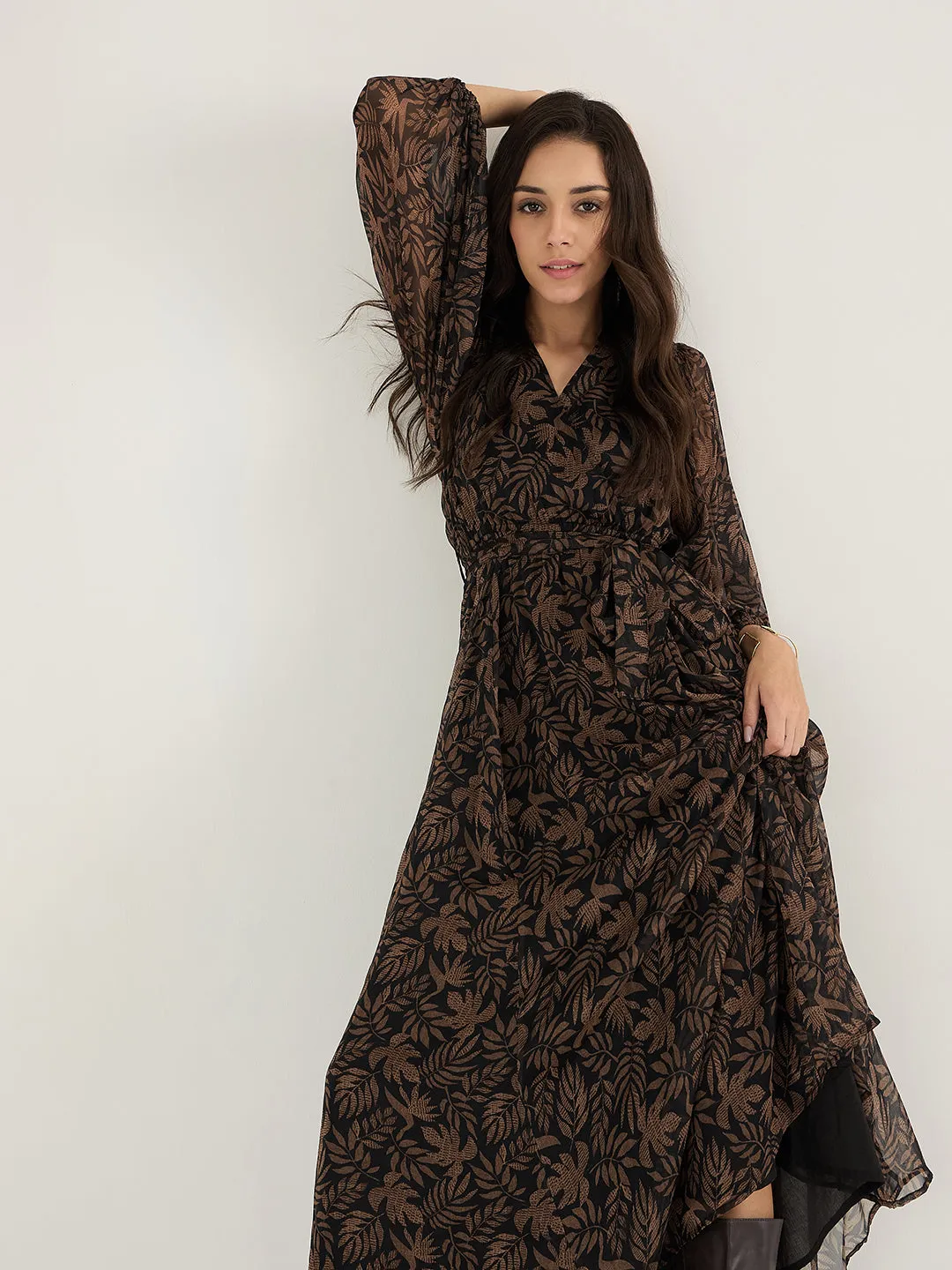 Black Leaf Print Wrap Maxi Dress