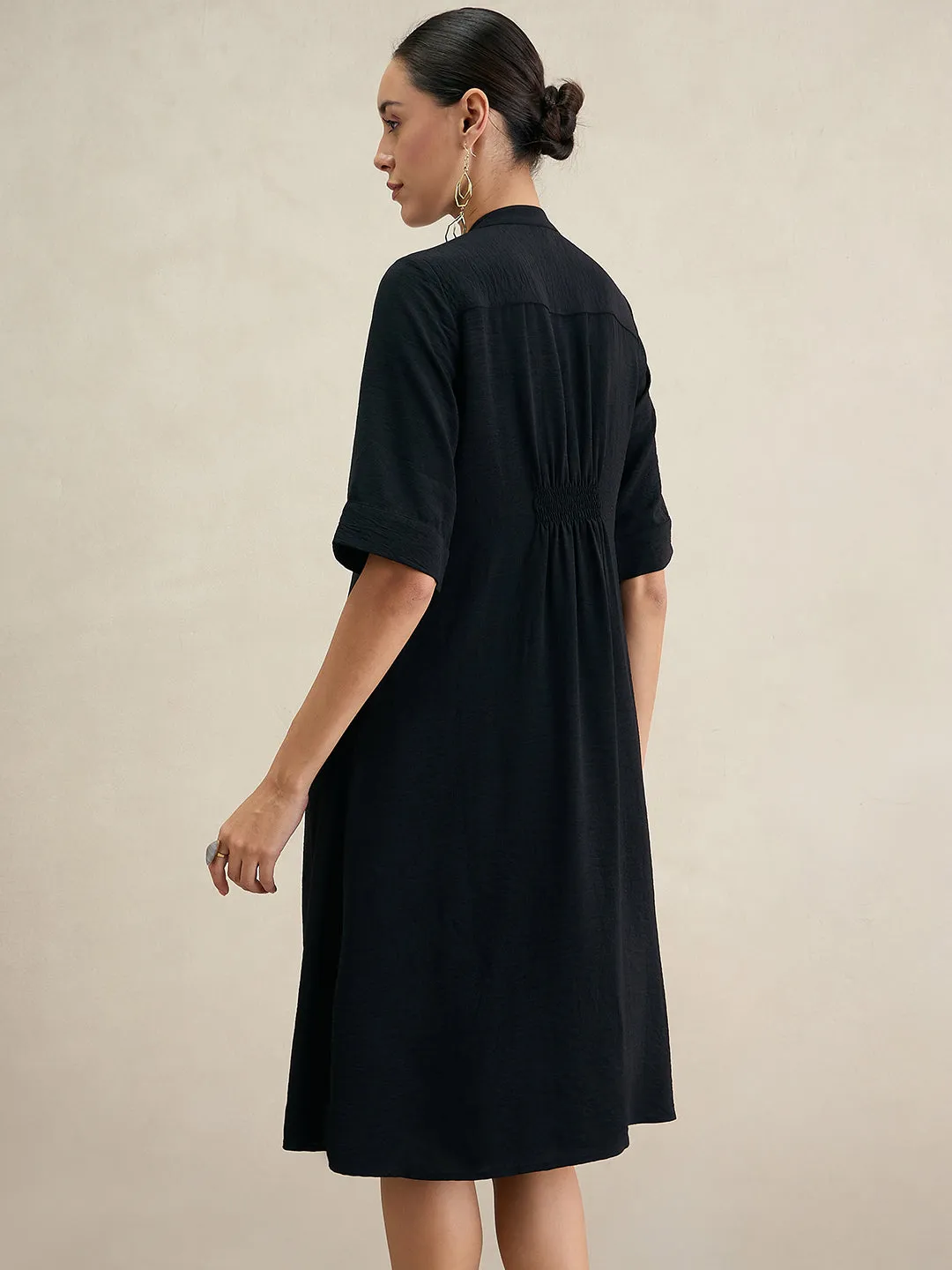 Black Pleat Detail Midi Dress