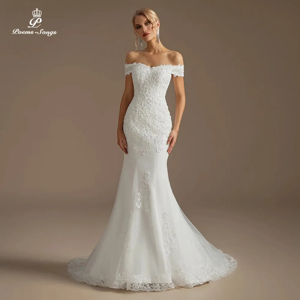 Boat Neck flower pattern Wedding Dresses for Women Bridal Gown