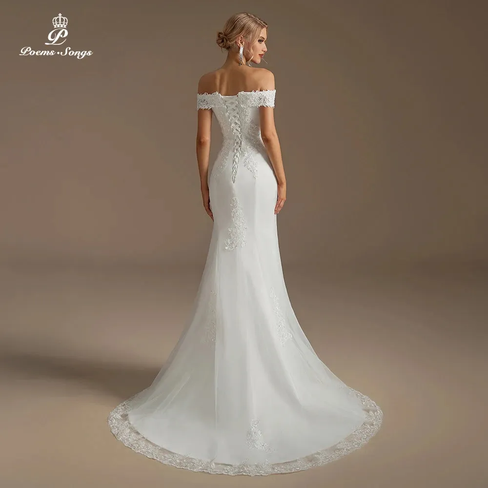 Boat Neck flower pattern Wedding Dresses for Women Bridal Gown