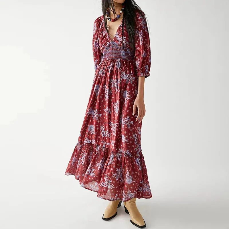 Boho Chiffon Tiered Swing Dress with Deep V Neck and Puff Sleeves