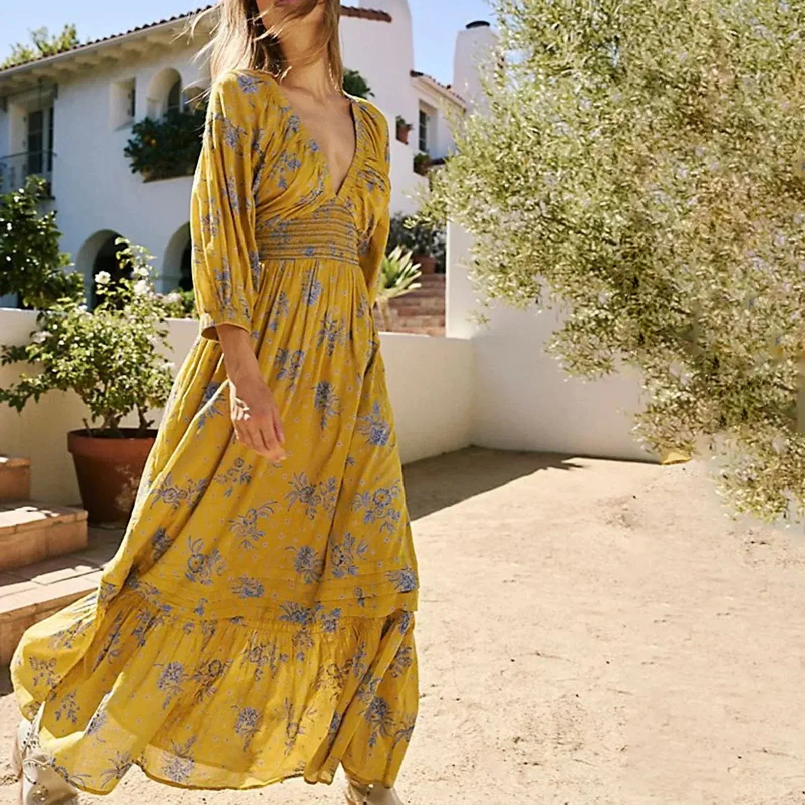 Boho Chiffon Tiered Swing Dress with Deep V Neck and Puff Sleeves