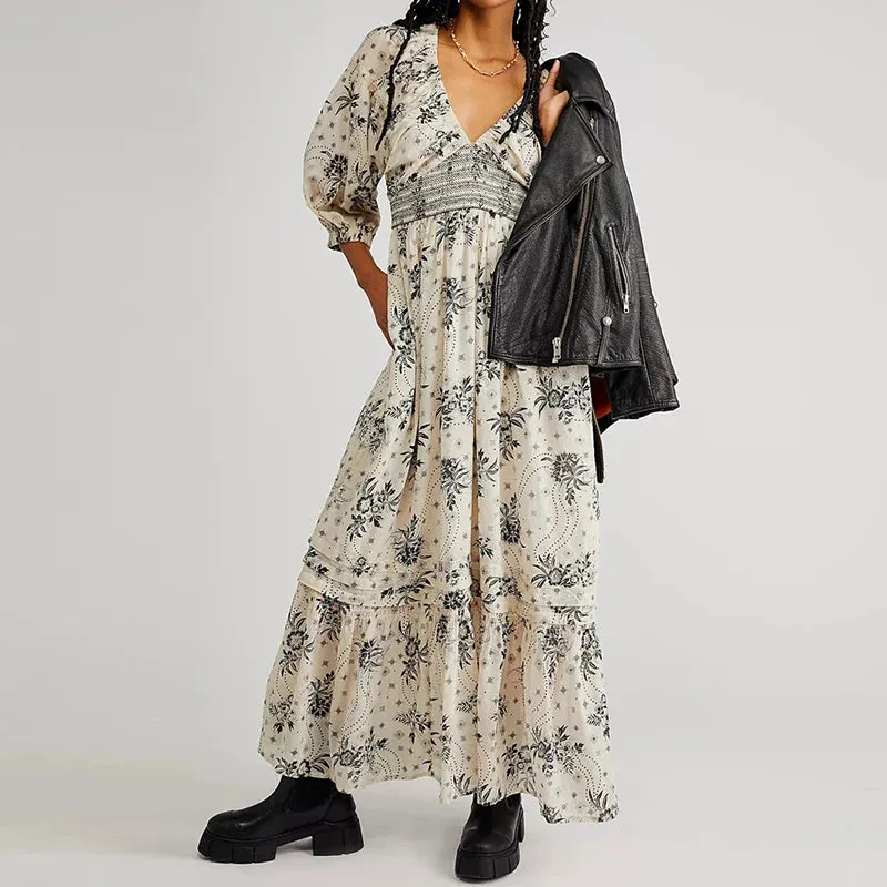 Boho Chiffon Tiered Swing Dress with Deep V Neck and Puff Sleeves