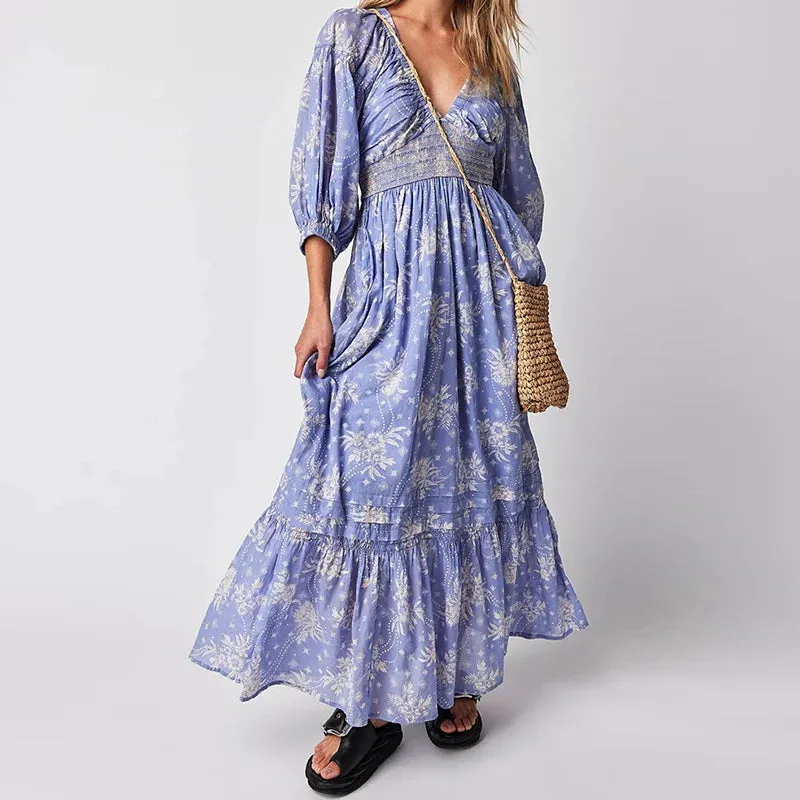 Boho Chiffon Tiered Swing Dress with Deep V Neck and Puff Sleeves