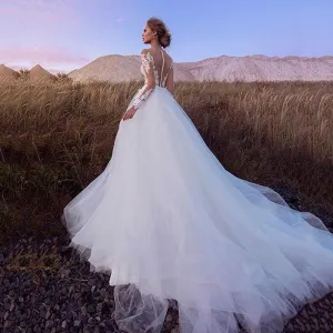 Boho Wedding Dress Modern Lace Appliques Long Sleeves Beach Bride Dress Illusion Back Tulle Princess Wedding Gowns
