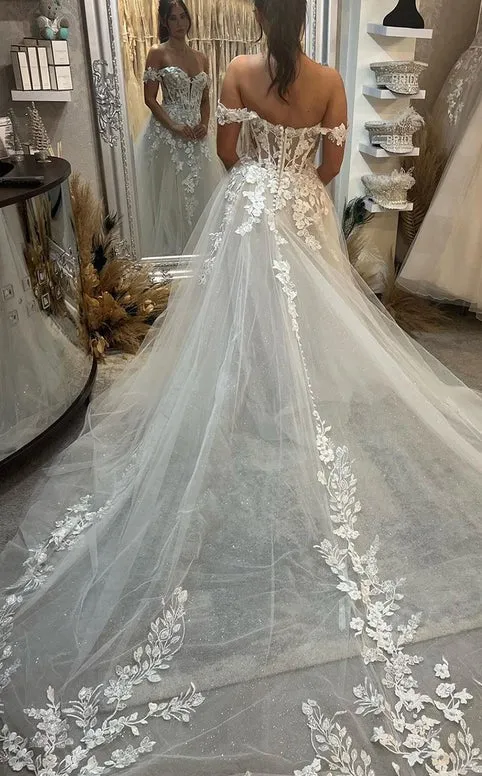 Boho Wedding Dresses A Line Off The Shoulder Sweetheart Neck Bridal Dress Lace Appliques  Beading Wedding Ball Gowns