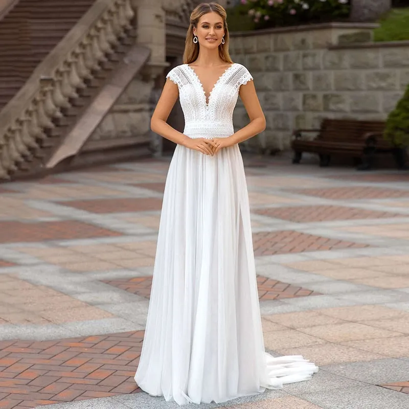 Boho Wedding Dresses Beach V Neckline Ivory Wedding Gowns