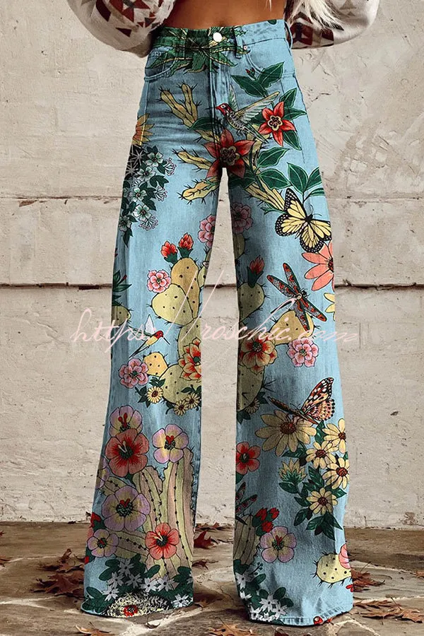 Casual Floral Print Button Pocket Wide Leg Pants
