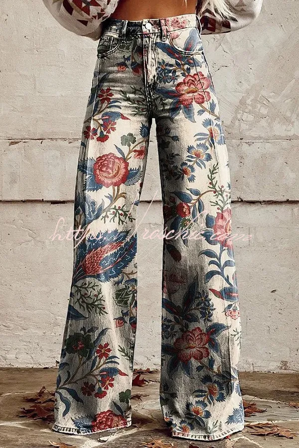 Casual Floral Print Button Pocket Wide Leg Pants