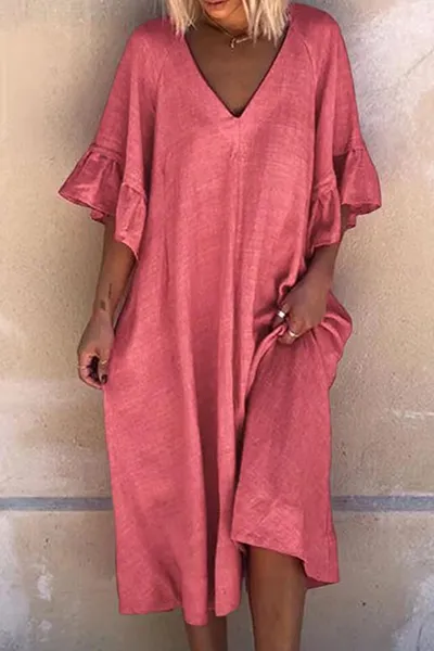 Casual Solid Patchwork Flounce V Neck Dresses(4 Colors)