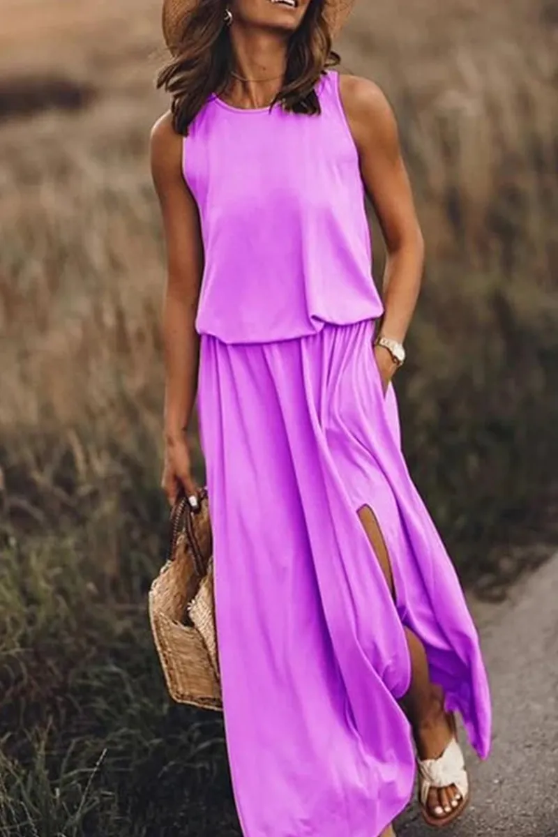 Casual Solid Slit O Neck Waist Skirt Dresses(8 Colors)