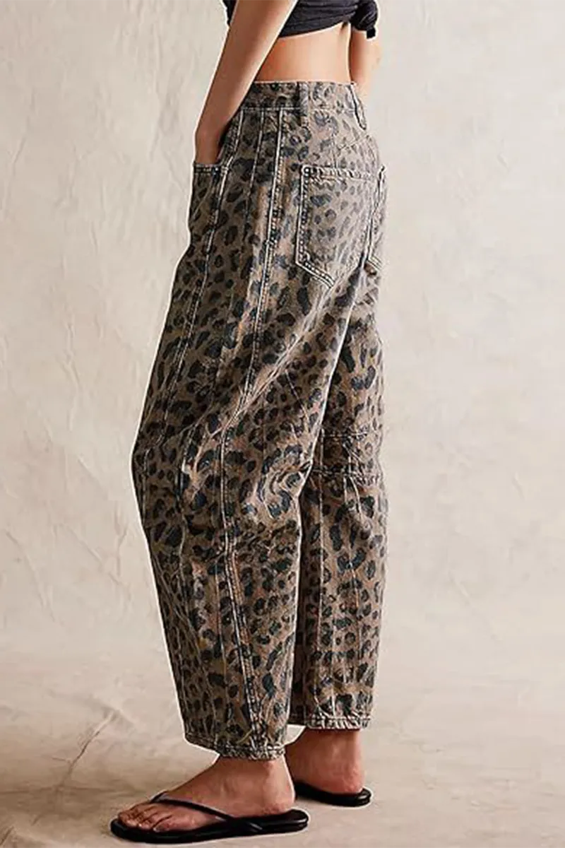 Casual Street Leopard Pocket Mid Waist Loose Denim Jeans