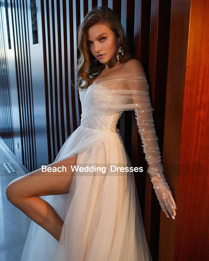 Champagne Wedding Dresses Side Split Dots Tulle Bride Dress