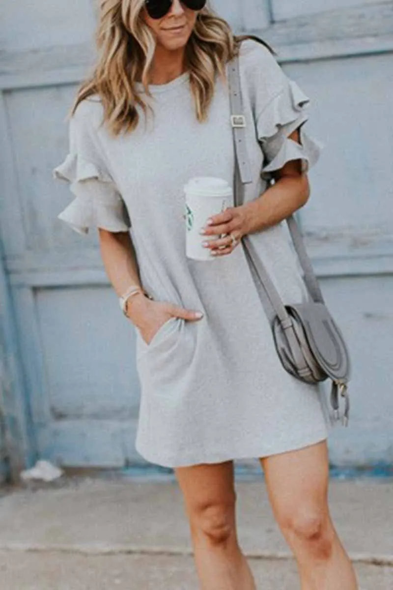 Chicindress Solid Color O-neck Ruffle Mini Dress