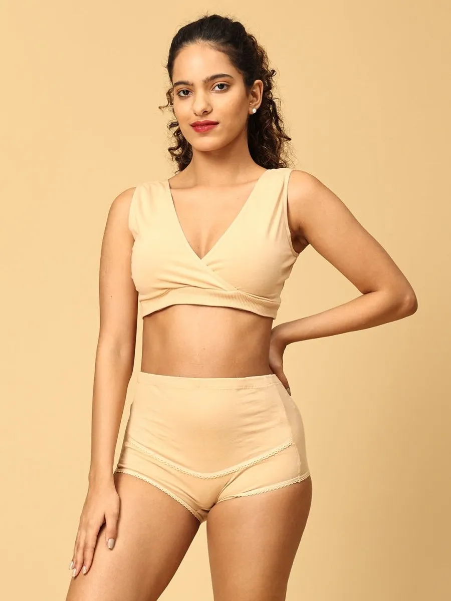 Combo Of Maternity Nursing Sleep Bra and Overbelly Support Panties -Beige