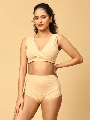 Combo Of Maternity Nursing Sleep Bra and Overbelly Support Panties -Beige