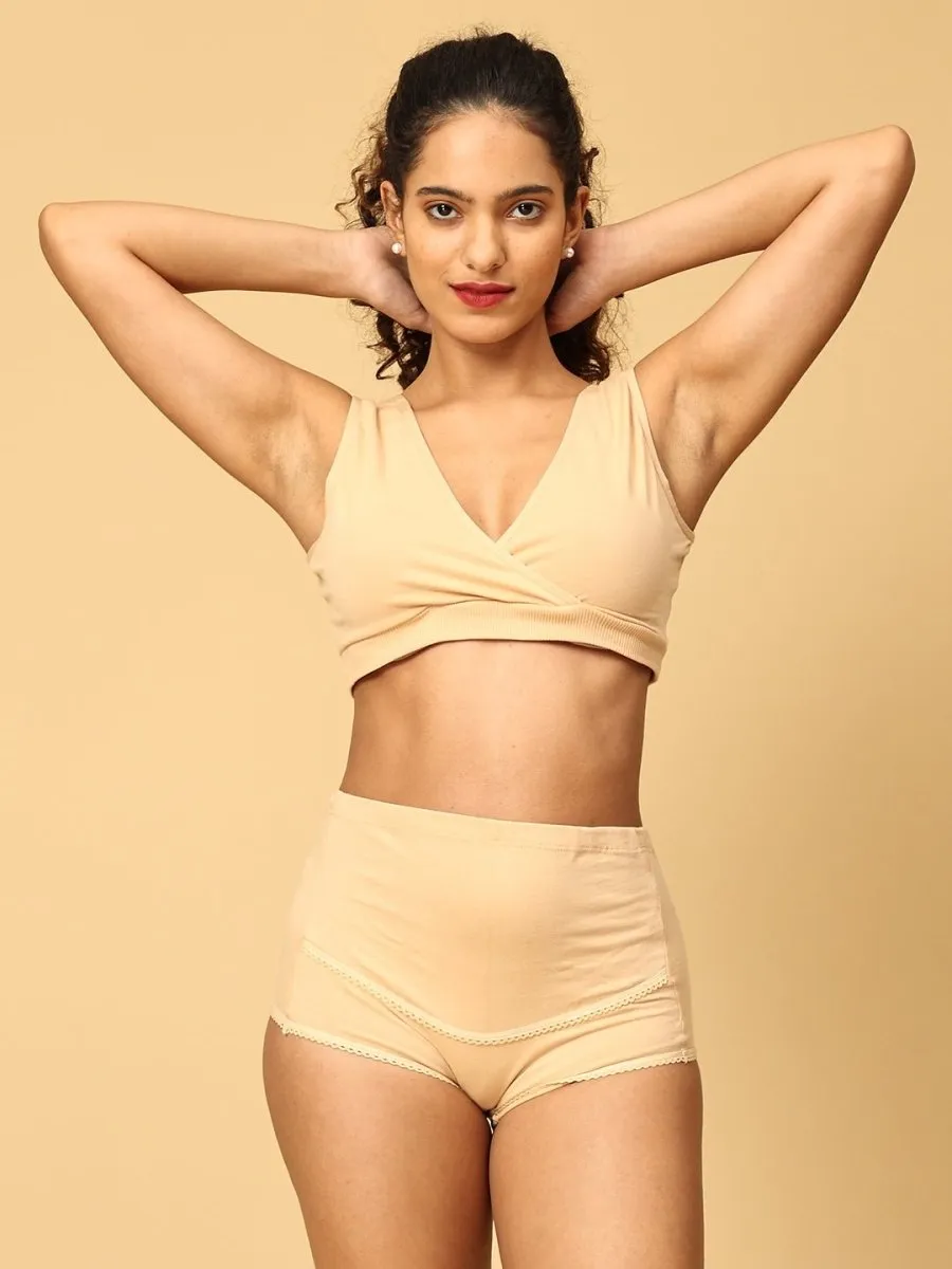 Combo Of Maternity Nursing Sleep Bra and Overbelly Support Panties -Beige