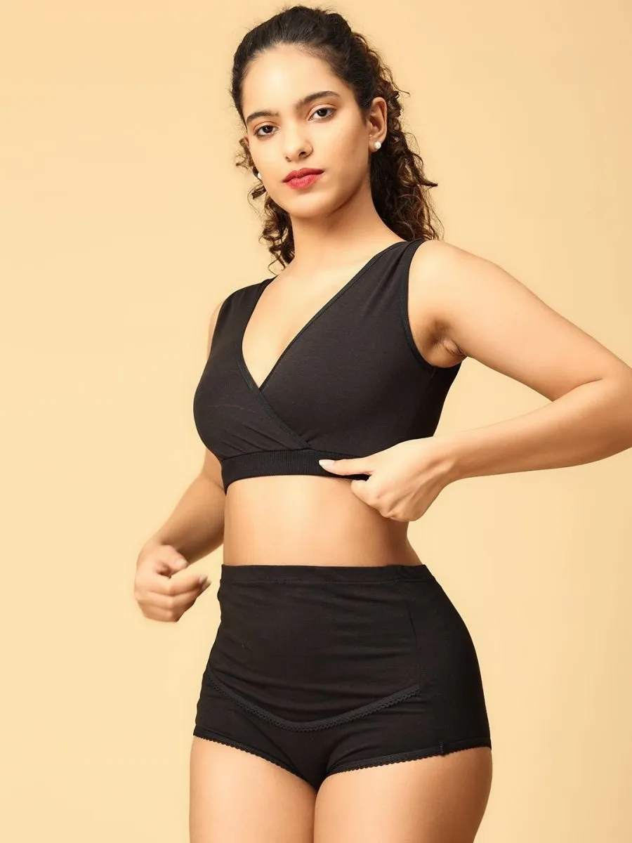 Combo Of Maternity Nursing Sleep Bra and Overbelly Support Panties -Black