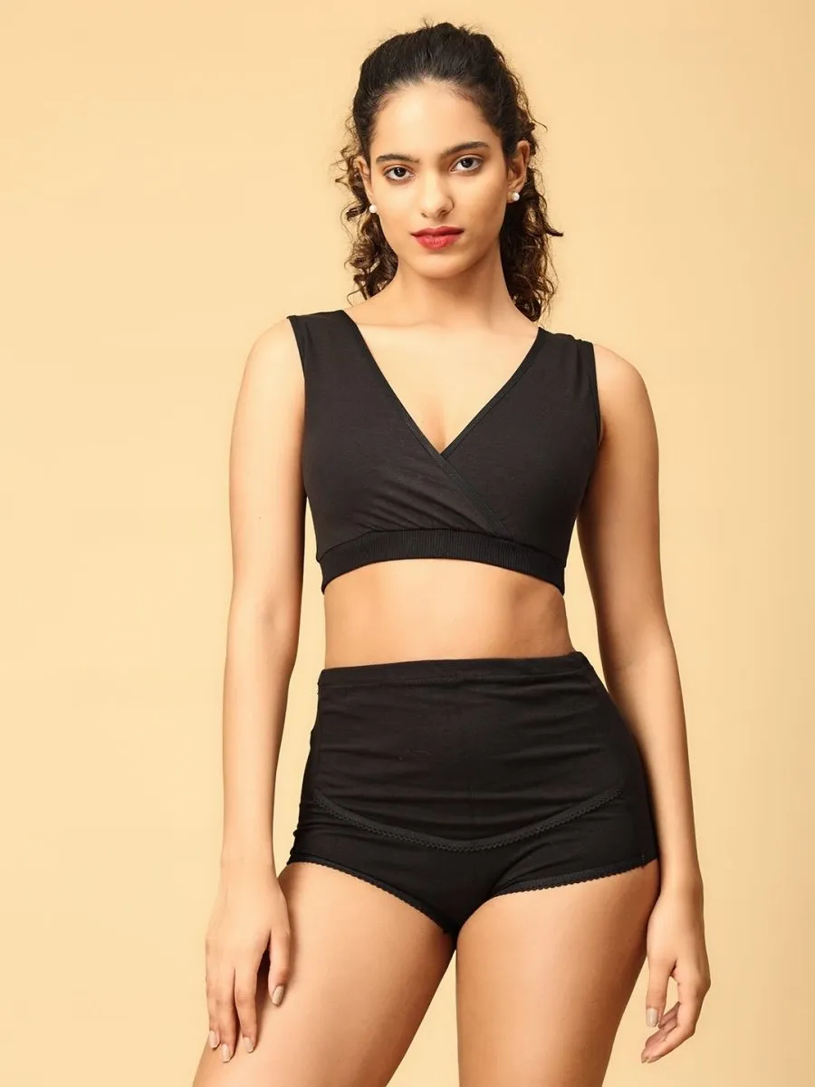 Combo Of Maternity Nursing Sleep Bra and Overbelly Support Panties -Black