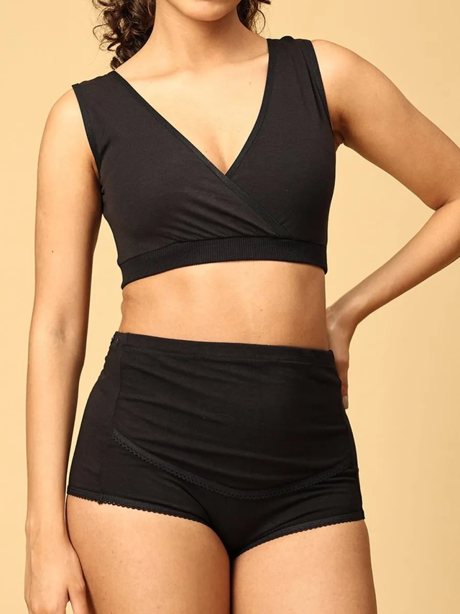 Combo Of Maternity Nursing Sleep Bra and Overbelly Support Panties -Black
