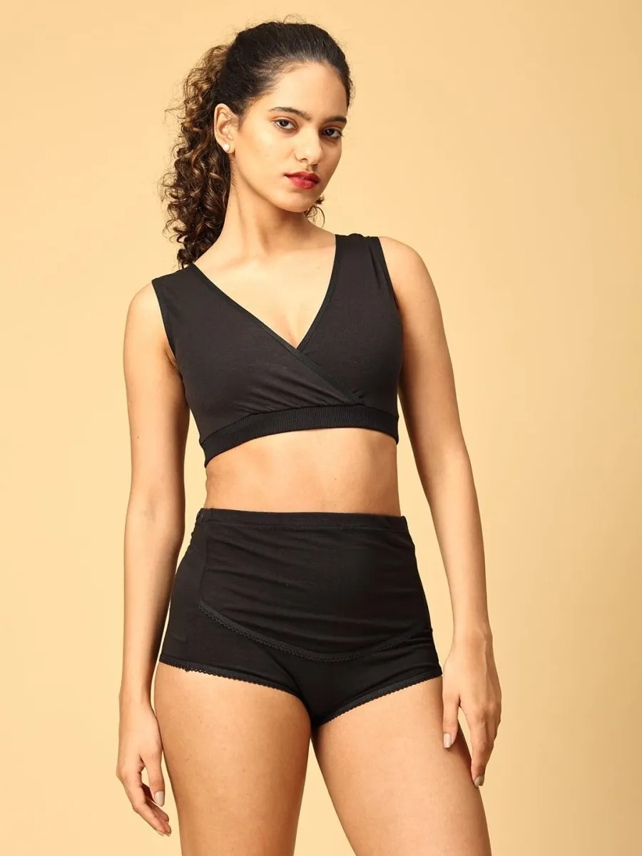 Combo Of Maternity Nursing Sleep Bra and Overbelly Support Panties -Black