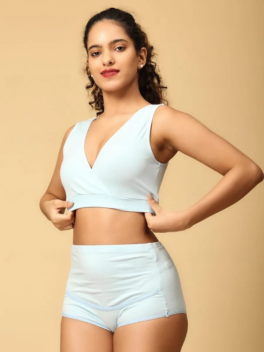 Combo Of Maternity Nursing Sleep Bra and Overbelly Support Panties -Blue