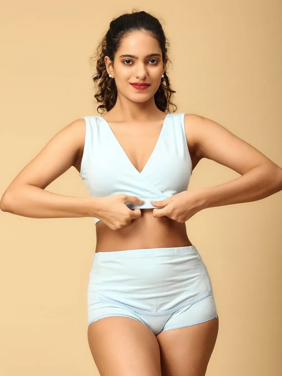 Combo Of Maternity Nursing Sleep Bra and Overbelly Support Panties -Blue