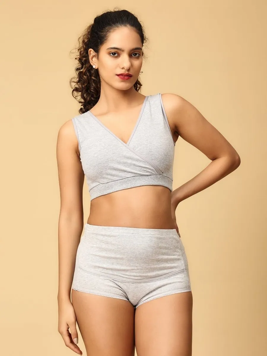 Combo Of Maternity Nursing Sleep Bra and Overbelly Support Panties -Grey