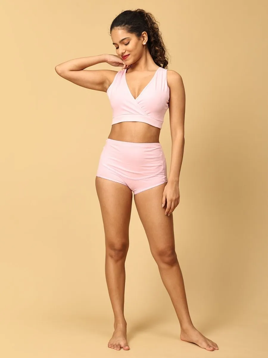 Combo Of Maternity Nursing Sleep Bra and Overbelly Support Panties -Pink