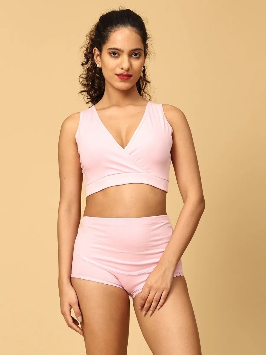 Combo Of Maternity Nursing Sleep Bra and Overbelly Support Panties -Pink