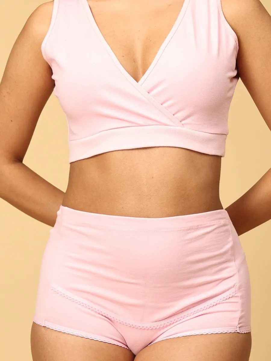Combo Of Maternity Nursing Sleep Bra and Overbelly Support Panties -Pink