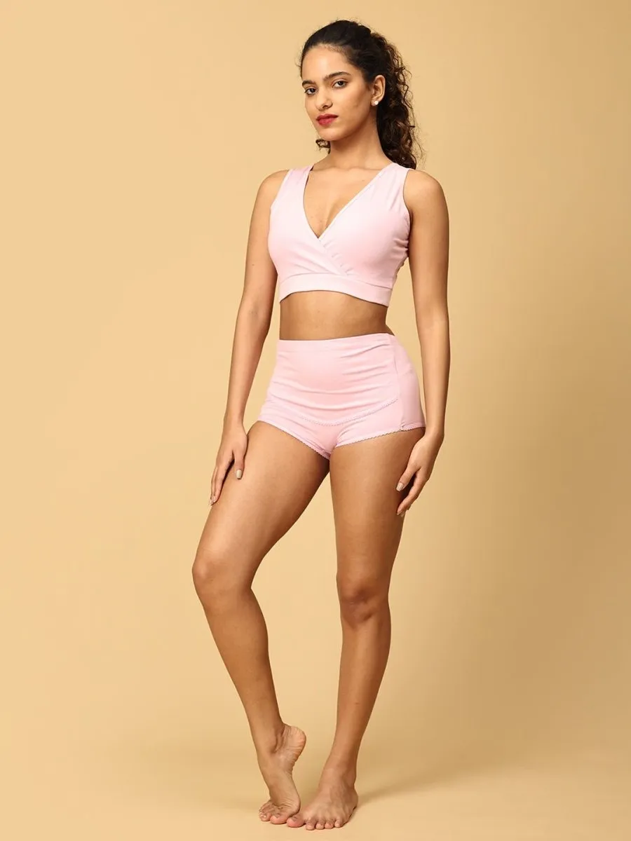 Combo Of Maternity Nursing Sleep Bra and Overbelly Support Panties -Pink