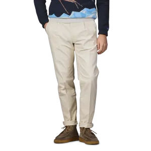 Cream White Cotton Twill Pleated Chinos