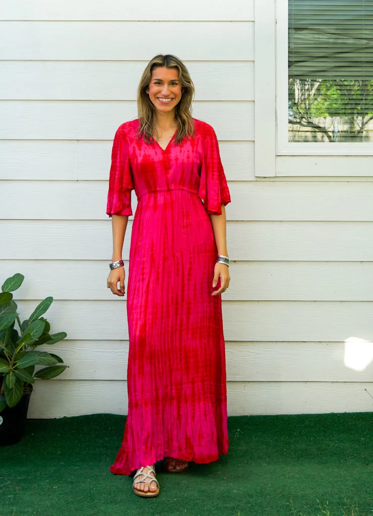 Crimson Bloom Maxi Tie Dye Tiered Dress