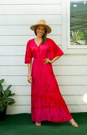 Crimson Bloom Maxi Tie Dye Tiered Dress