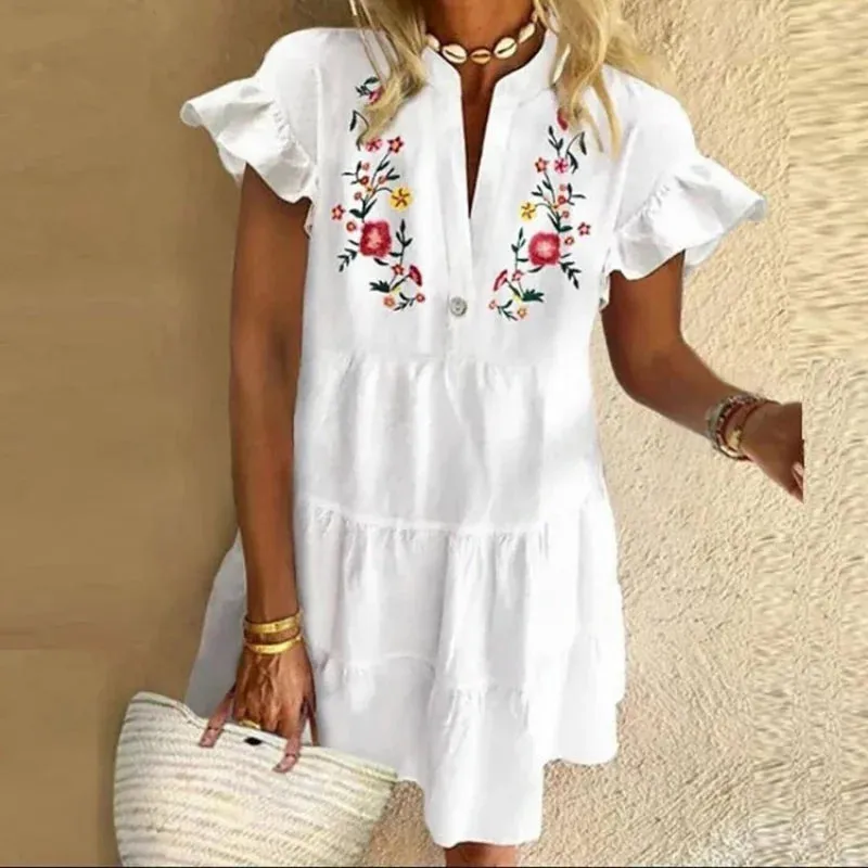 DressBetty - 2024 Beach V-neck Ruffle Floral Printed Short Boho Dress