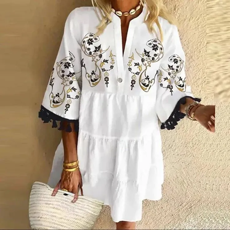 DressBetty - 2024 Beach V-neck Ruffle Floral Printed Short Boho Dress