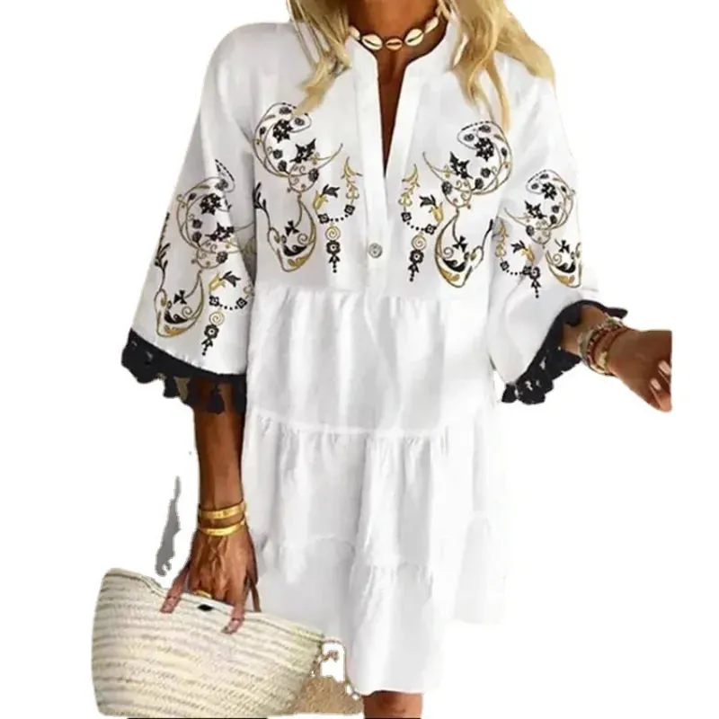 DressBetty - 2024 Beach V-neck Ruffle Floral Printed Short Boho Dress