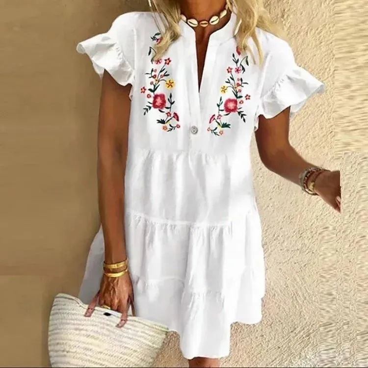 DressBetty - 2024 Beach V-neck Ruffle Floral Printed Short Boho Dress